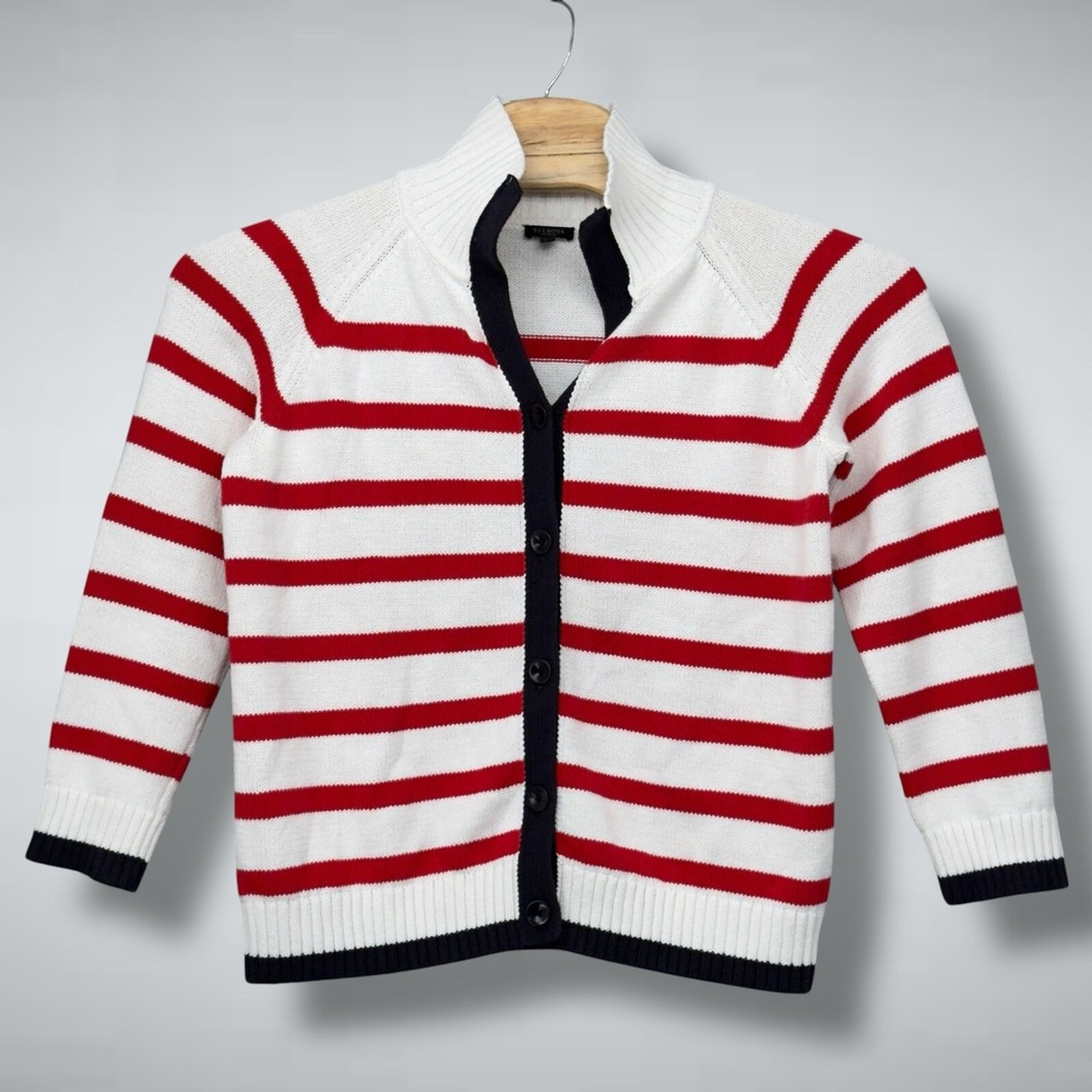 Talbots White & Red Striped Cotton Cardigan with Navy Trim
